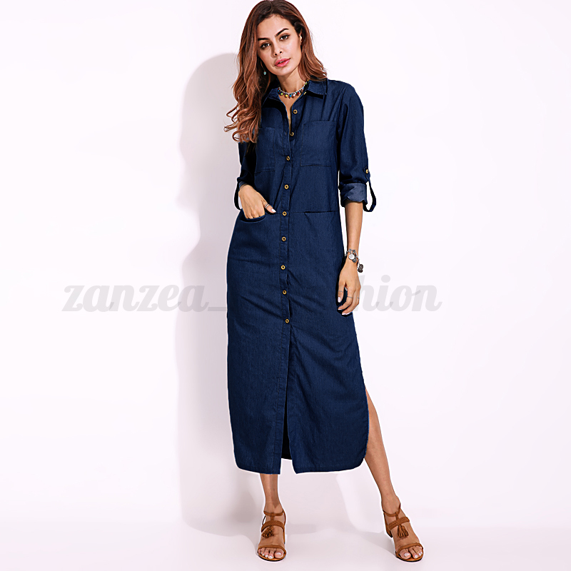 ZANZEA Women Long Sleeve Denim Blue Buttons Long Shirt ZANZEA Women Long Sleeve Denim Blue Buttons Long Shirt
