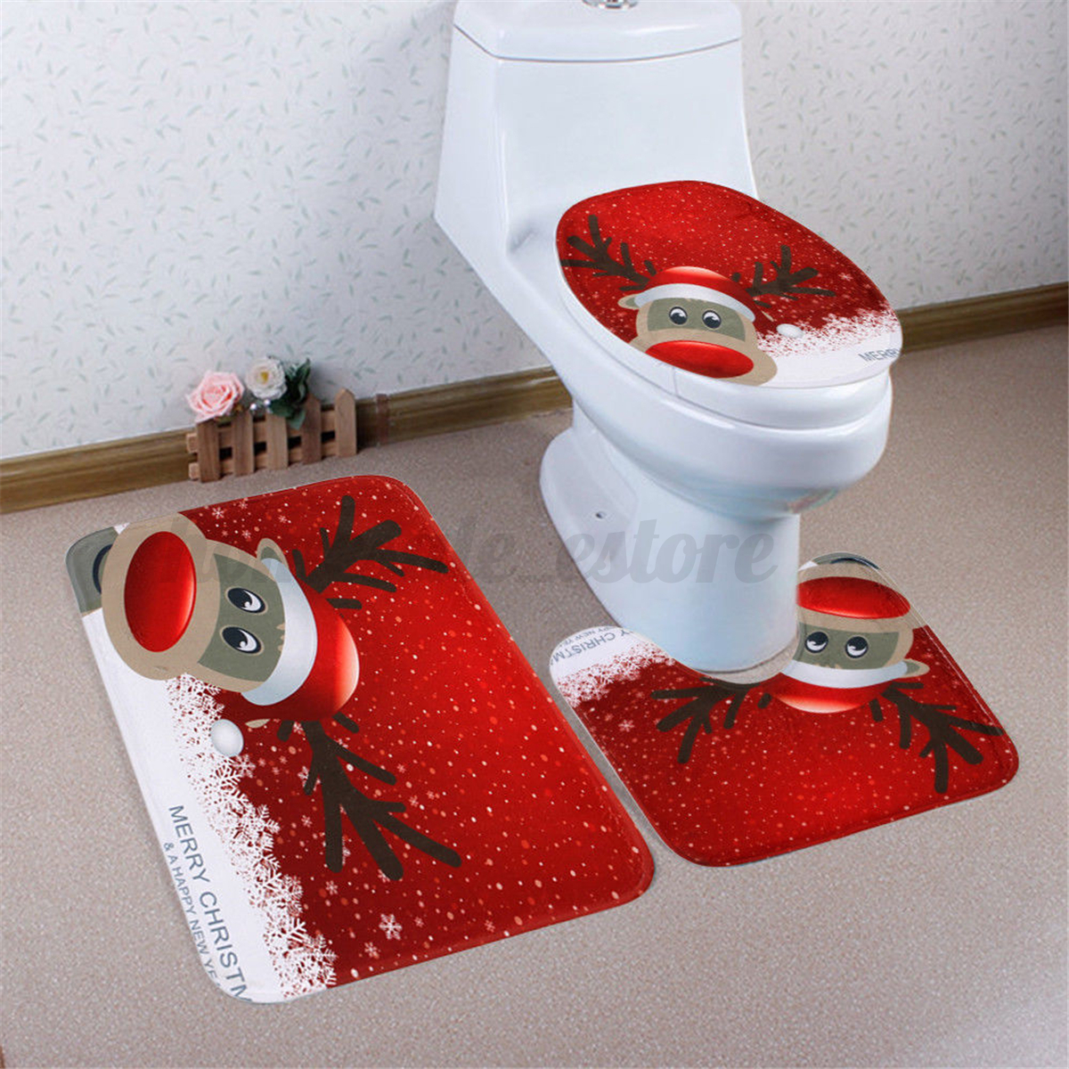 3Pcs Set Christmas Snowman Santa Toilet Seat Cover