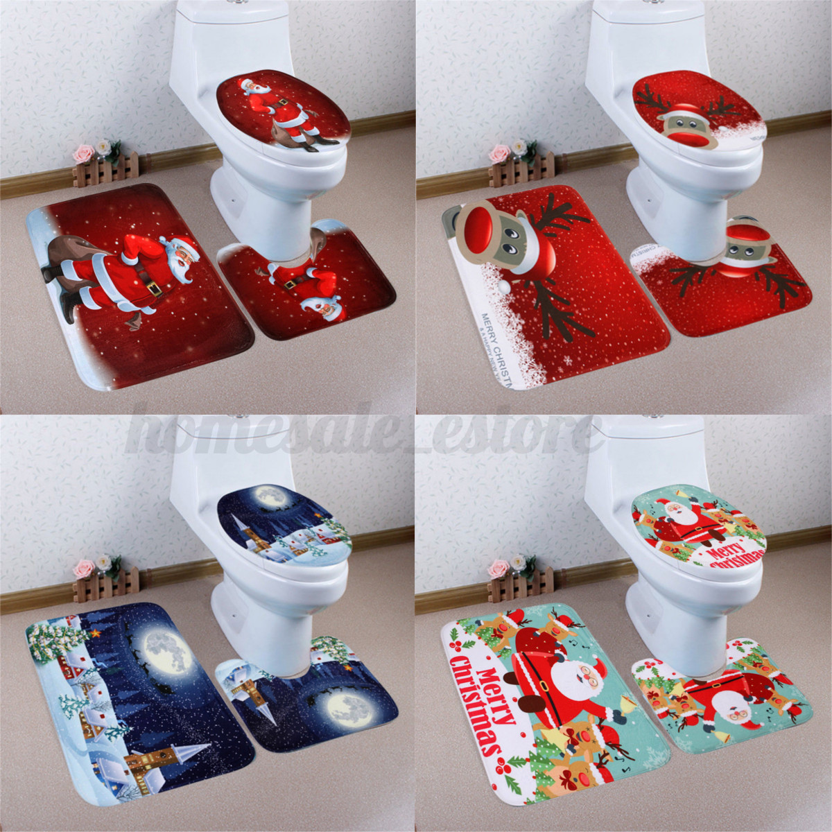 3Pcs Set Christmas Snowman Santa Toilet Seat Cover Rug Bathroom