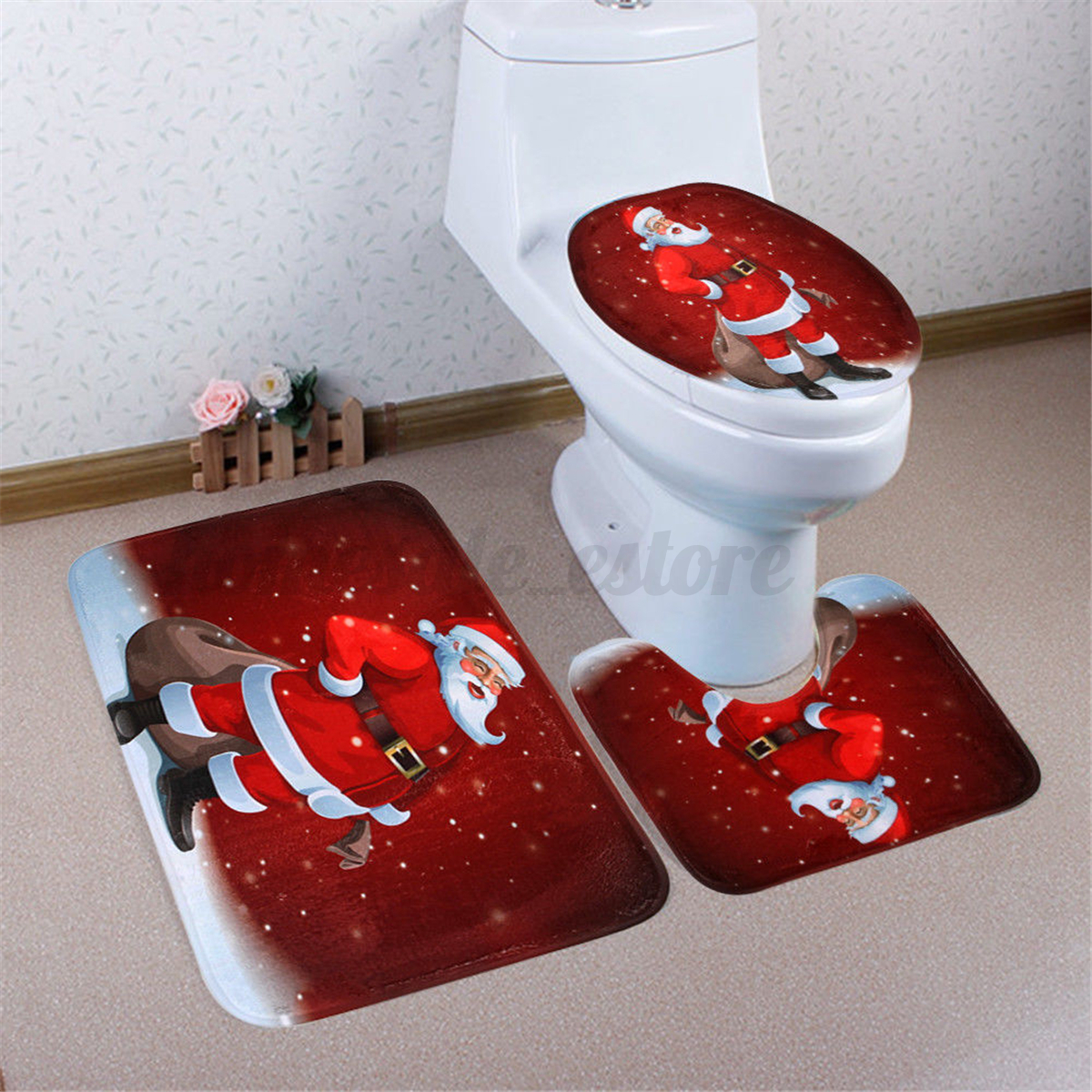 3Pcs Set Christmas Snowman Santa Toilet Seat Cover Rug Bathroom Mat Xmas Decor