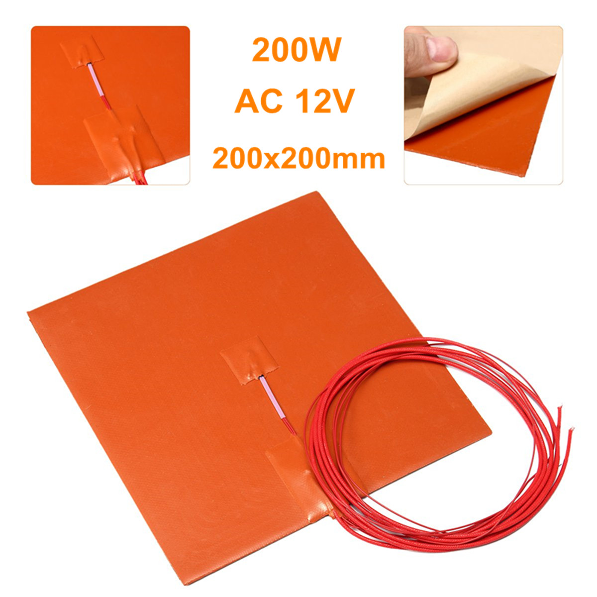 200W 12V 200x200mm Silicone Heater Pad for 3D Printer Heated Bed Heating Mat