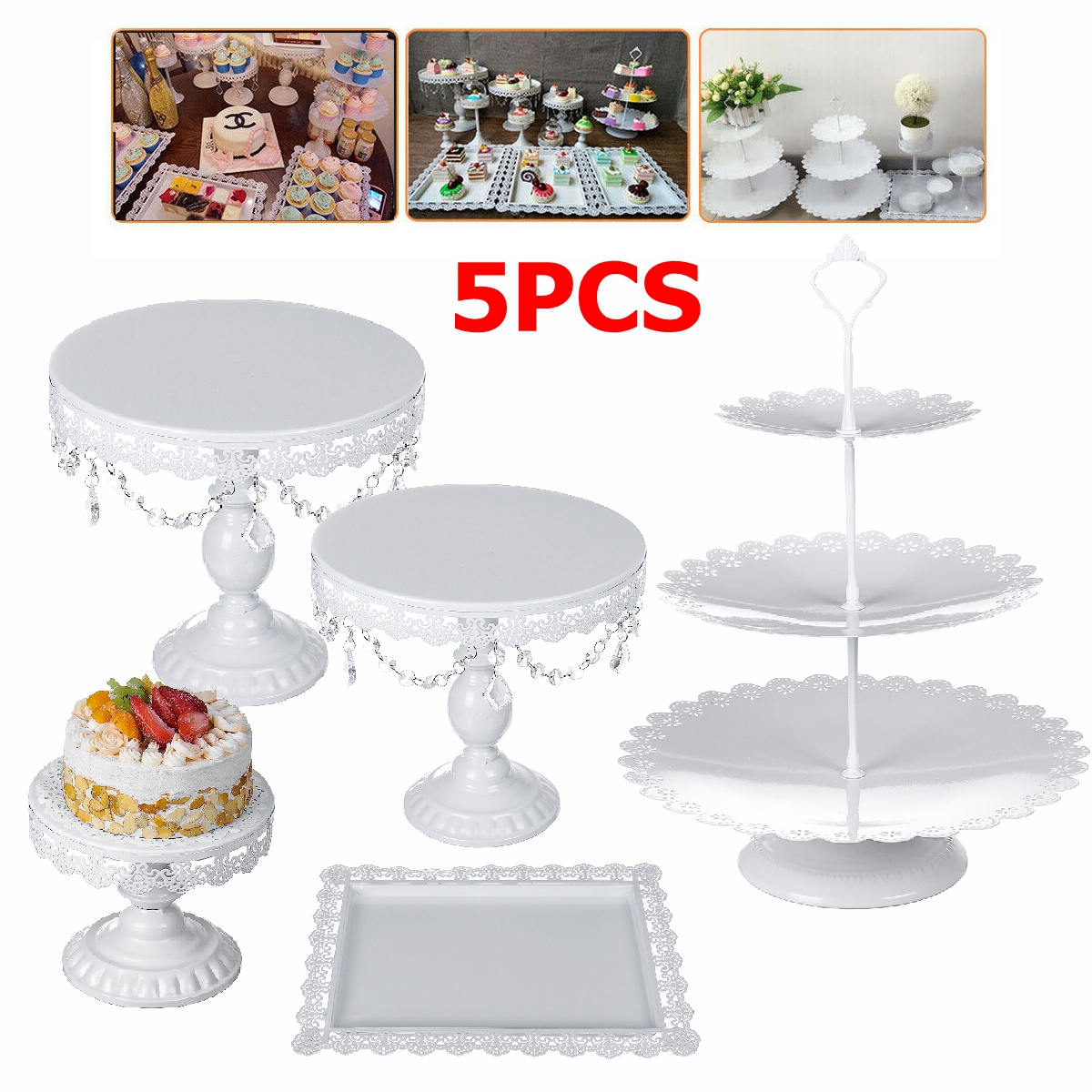 US 5Pcs Wedding Cake Stand Crystal Metal Cupcake Holder Crystal Plates Set Decor