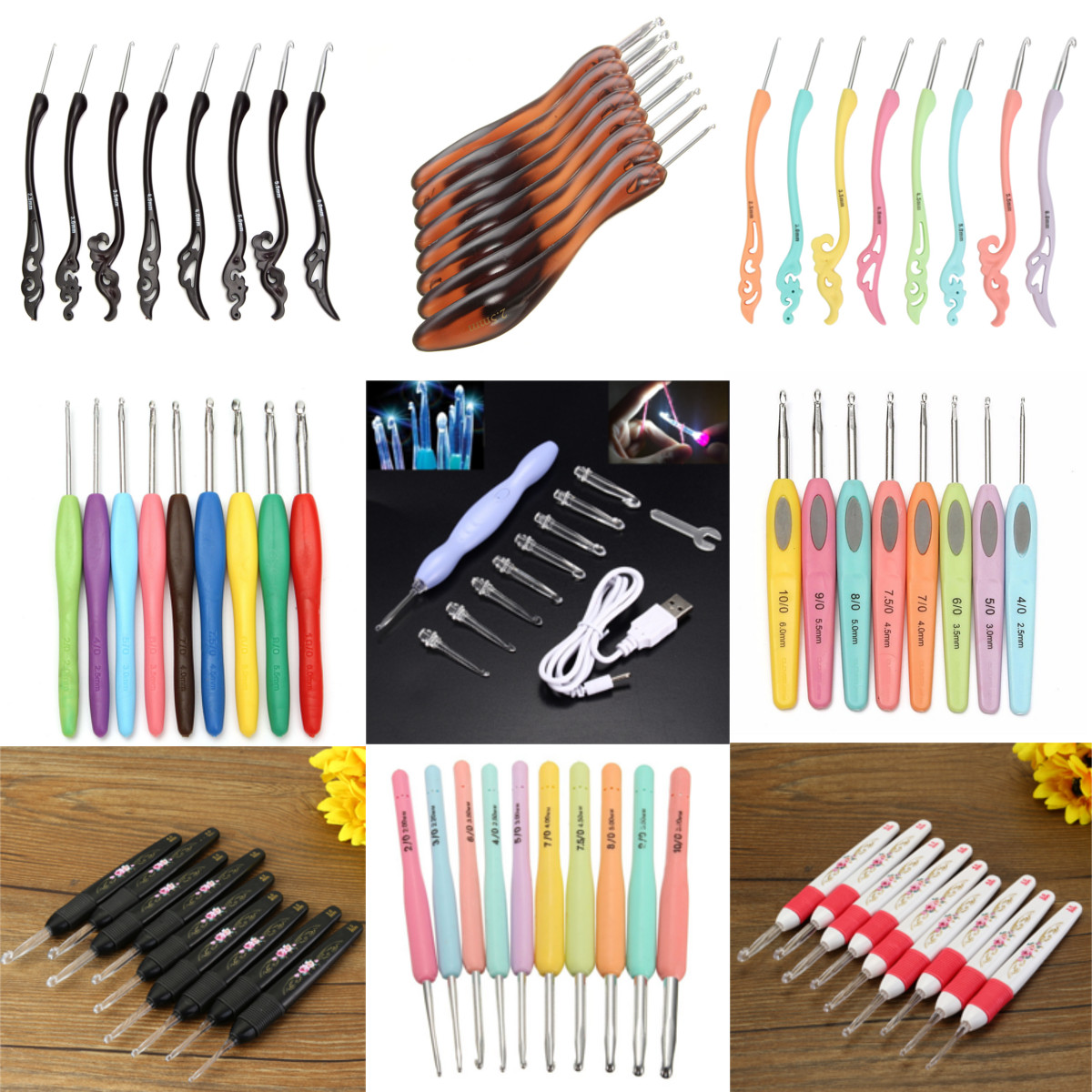LED Light Soft Handle Knitting Needles Set Aluminum Crochet Hook Weave Yarn