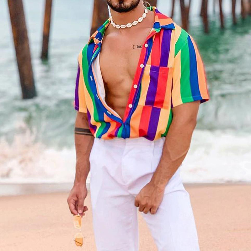 Men Short Sleeve Rainbow Colorful 