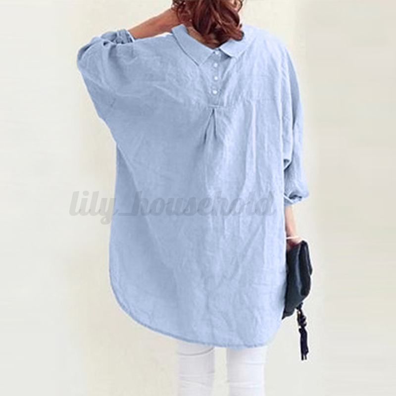 Damen Kragen Bluse Top Long Arm Knopf Baumwolle Lässig Plain Linen Shirt Hemd