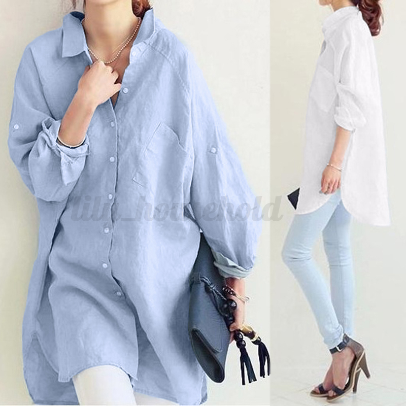 Damen Kragen Bluse Top Long Arm Knopf Baumwolle Lässig Plain Linen Shirt Hemd