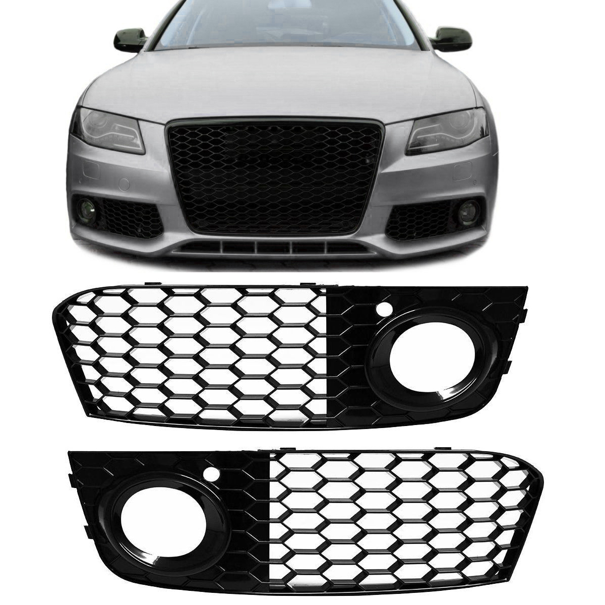 for Audi A4 B8.5 2013-16, Gloss Black for Audi A4 A5 Front Honeycomb Hex Mesh Foglight Open Vent Grill Intake Cover