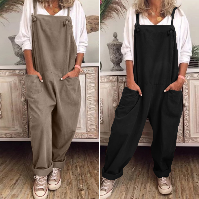ZANZEA Damen Mode Träger Beiläufig Weites Bein Hosen Baumwolle Leinen Overall