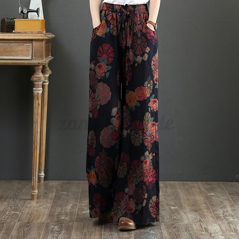 Womens Elastic Waist Long Trousers Floral Printed Wide Leg Baggy Pants Plus Size - Picture 17 of 25
