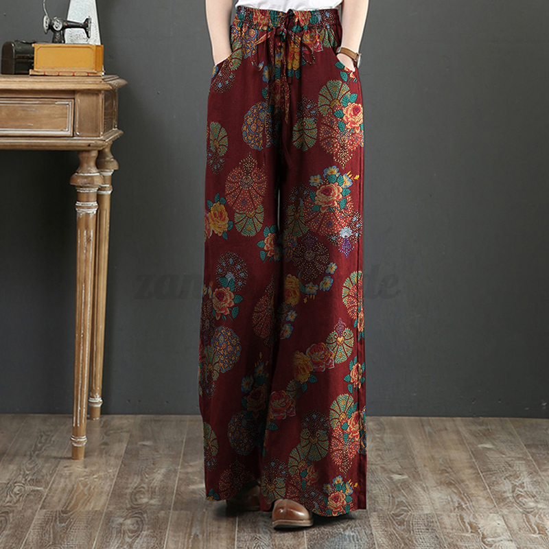 Womens Elastic Waist Long Trousers Floral Printed Wide Leg Baggy Pants Plus Size - Picture 18 of 25