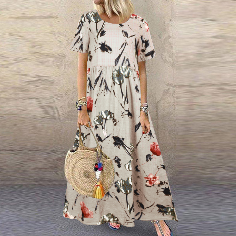 Womens Summer Short Sleeve Floral Printed Flare Swing Long Maxi Dress Plus Size - Picture 13 of 33
