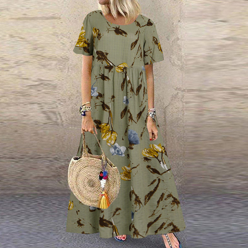 Womens Summer Short Sleeve Floral Printed Flare Swing Long Maxi Dress Plus Size - Picture 14 of 33