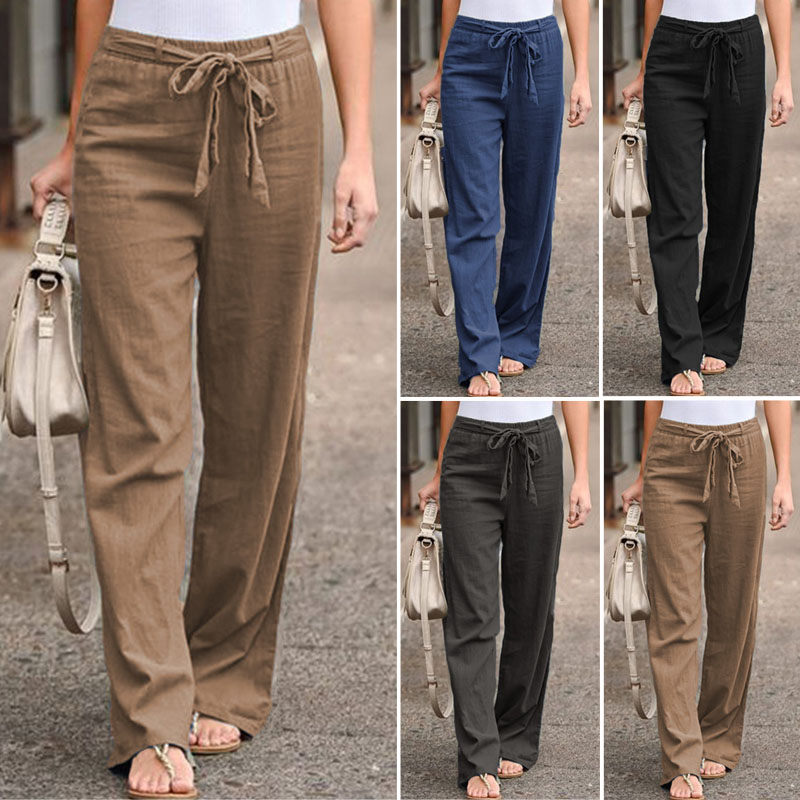 ZANZEA 8-24 Women Full Length Pull-On Trousers Elastic Waist Belt Wide Leg Pants