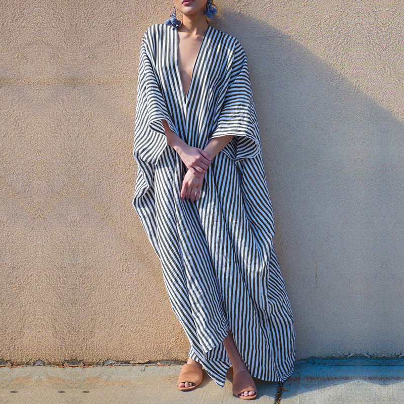 Fashion Full Women Batwing Baggy Shirt Maxi Length Long Stripe Dress
