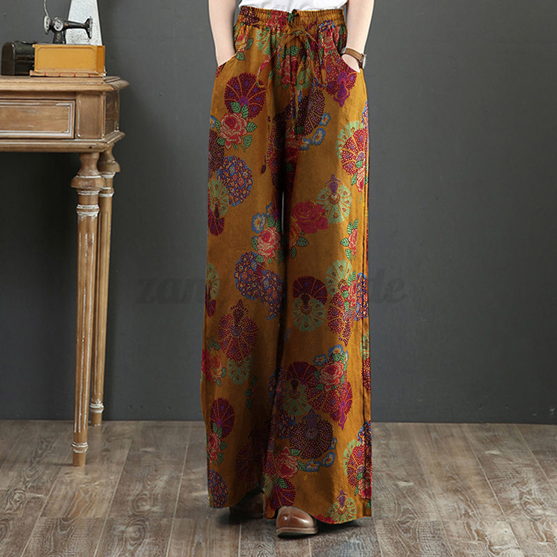 Womens Elastic Waist Long Trousers Floral Printed Wide Leg Baggy Pants Plus Size - Picture 19 of 25
