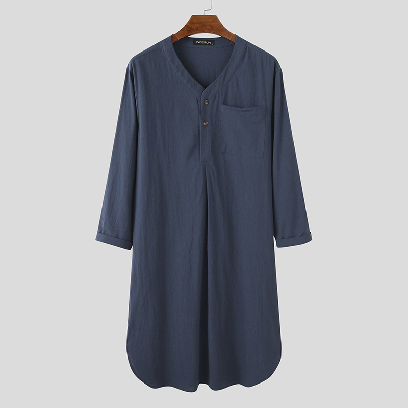 Mens Nightshirt Cotton Linen Pajamas 