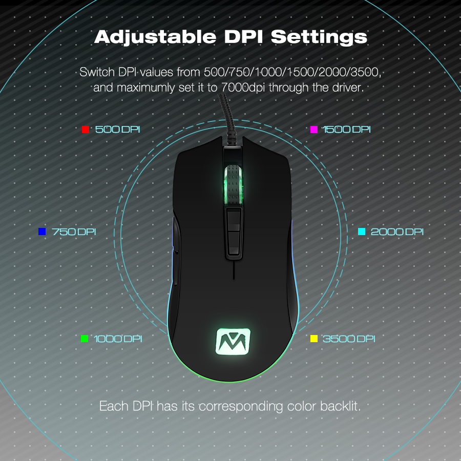 MantisTek GM2 3500DPI Gaming Mouse USB Wired RGB Optical Adjustable Mice Black