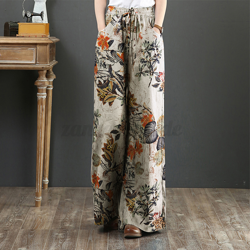 Womens Elastic Waist Long Trousers Floral Printed Wide Leg Baggy Pants Plus Size - Picture 23 of 25