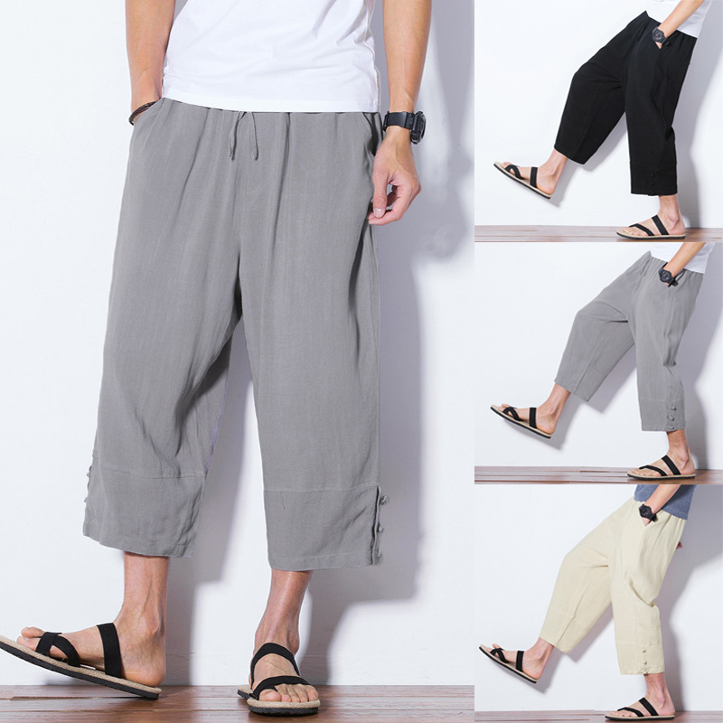 Mens Casual Baggy Harem Pants Cotton Wide Leg Loose Cropped Trousers Plus Size