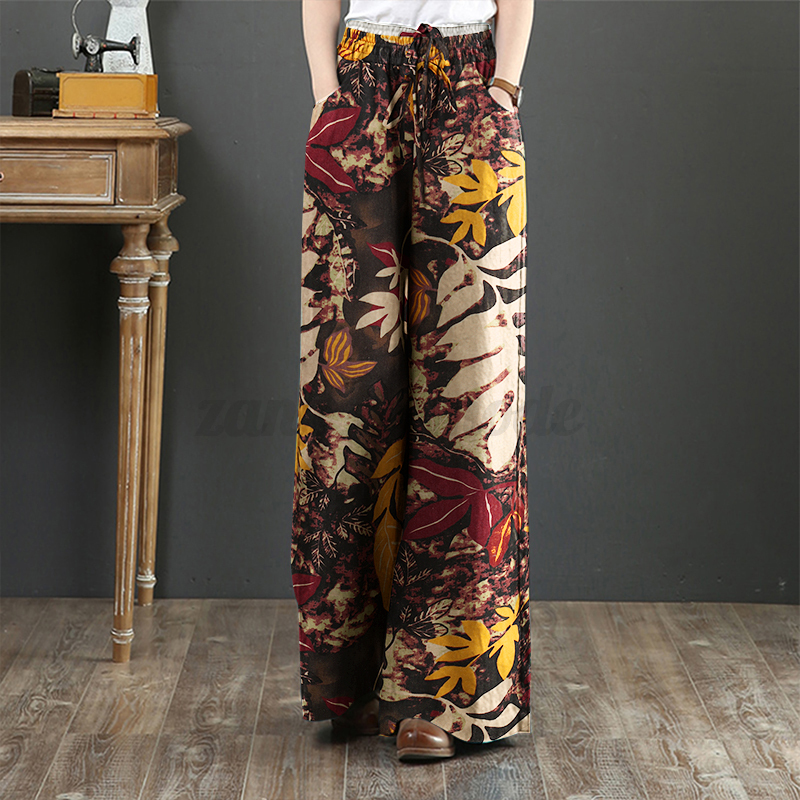 Womens Elastic Waist Long Trousers Floral Printed Wide Leg Baggy Pants Plus Size - Picture 22 of 25