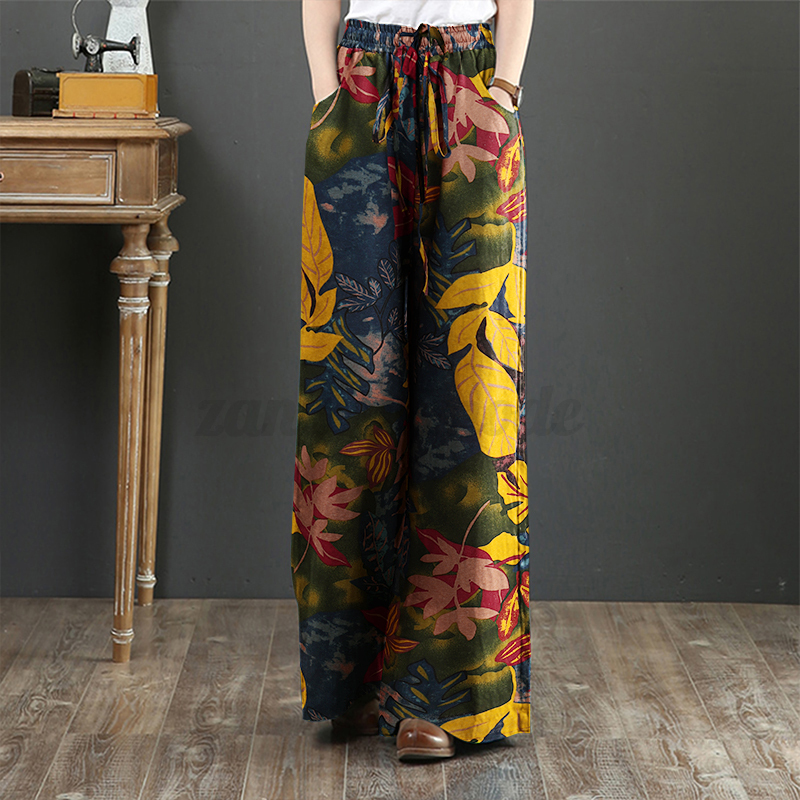 Womens Elastic Waist Long Trousers Floral Printed Wide Leg Baggy Pants Plus Size - Picture 20 of 25