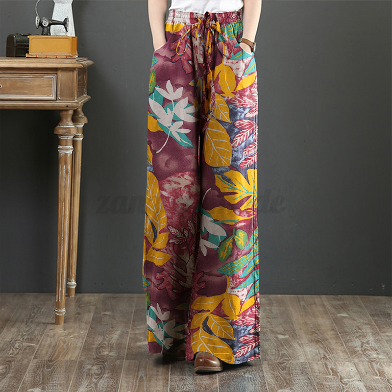 Womens Elastic Waist Long Trousers Floral Printed Wide Leg Baggy Pants Plus Size - Picture 21 of 25