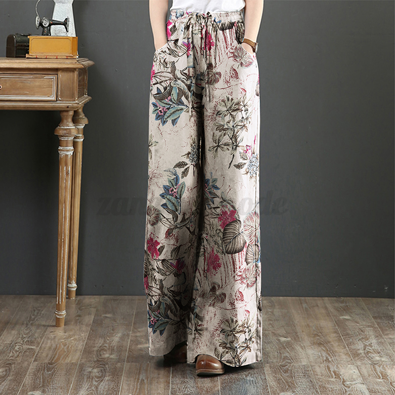 Womens Elastic Waist Long Trousers Floral Printed Wide Leg Baggy Pants Plus Size - Picture 24 of 25