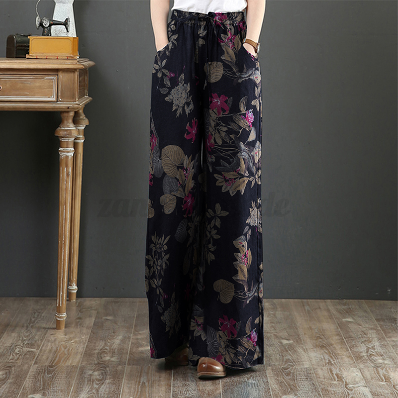 Womens Elastic Waist Long Trousers Floral Printed Wide Leg Baggy Pants Plus Size - Picture 25 of 25