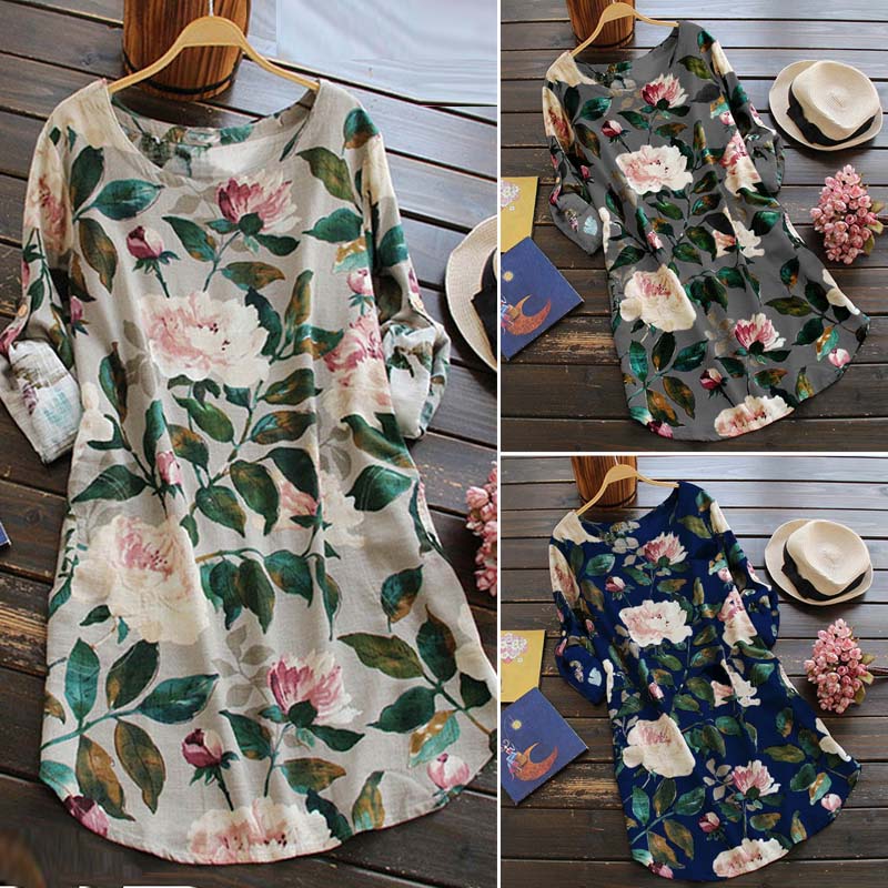 Damen O Neck Kurzarm Floral Bluse Shirts Baumwolle Linen Ethnic Freizeit Hemd