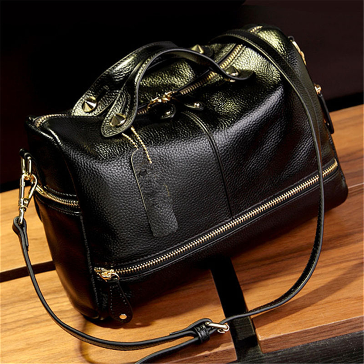 Women Leather Bowling Handbag Shoulder Crossbody Satchel Bag Purse Tote