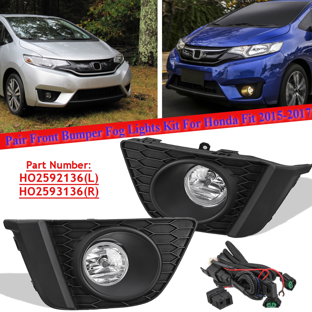 2015-2017 HONDA FIT JAZZ DRL LED BUMPER CHROME FOG LIGHT LAMP+WIRING HARNESS SET