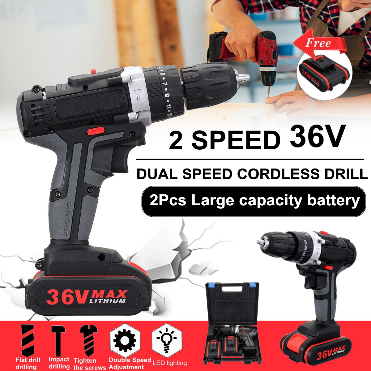 3//8/'/' 36V 25+3 Cordless Electric Impact Power Drill LED 2-Speed With Li-Ion US