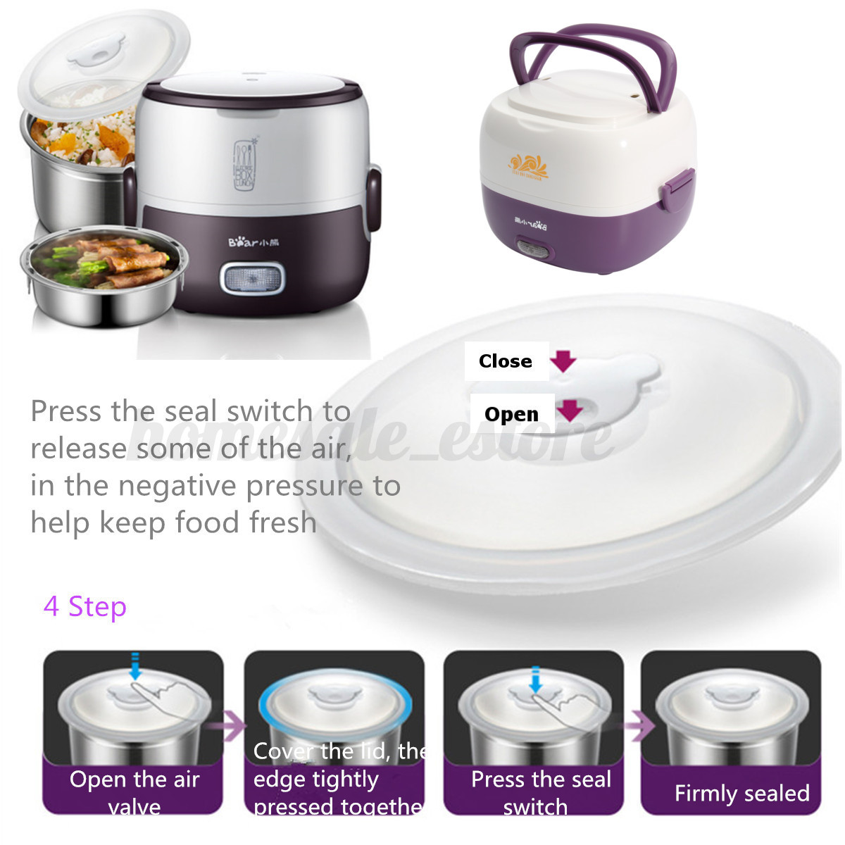 2 Layer Electric Portable Steamer Rice Cooker Food Heater Lunch Box 0.65L+0.55L