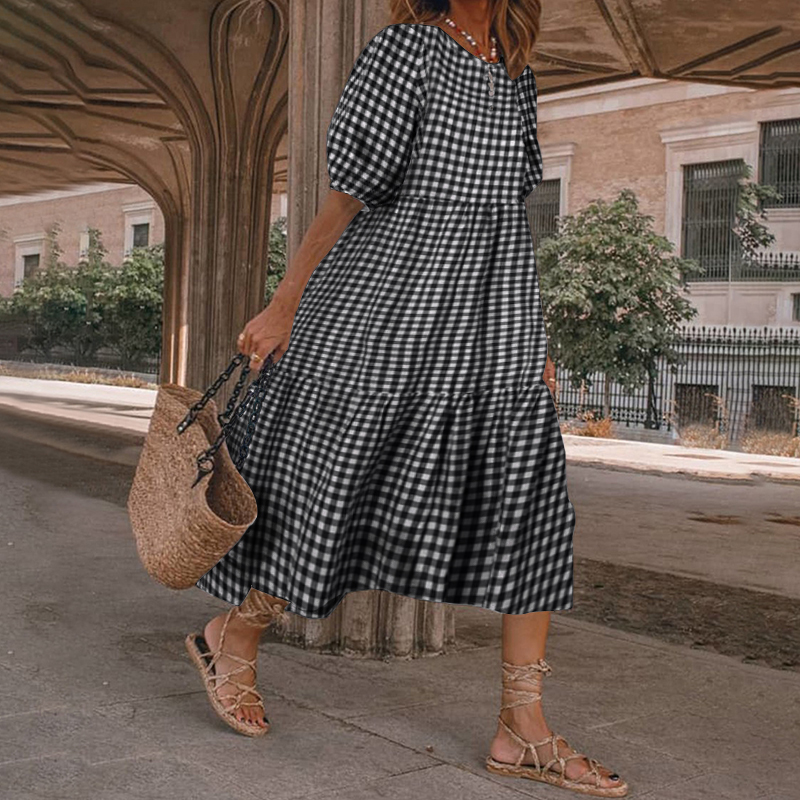 Women Short Sleeve Printed Check Ruffle 