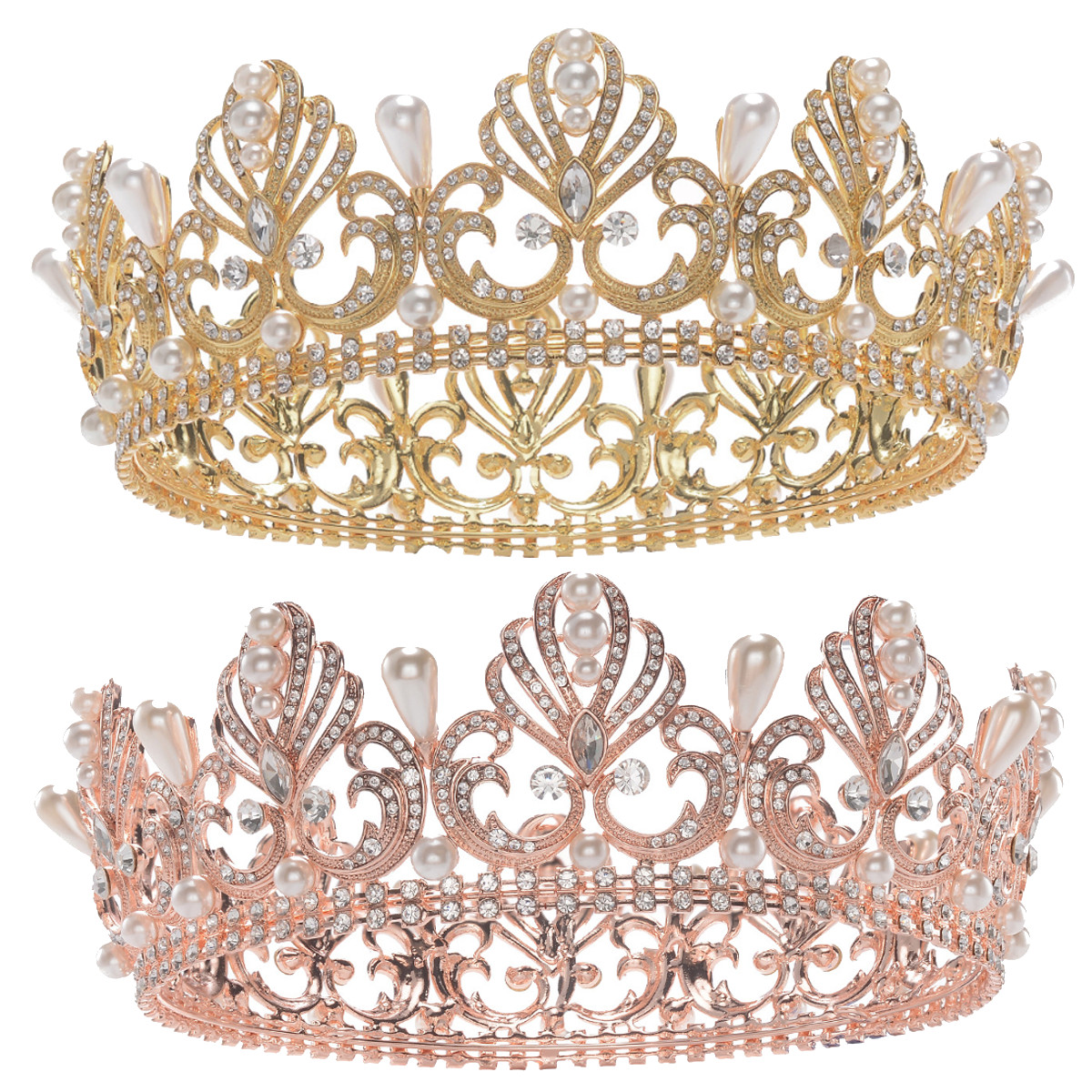 Women Full Round Tiara Bridal Crown Rhinestone Headpiece Hair Detail Image