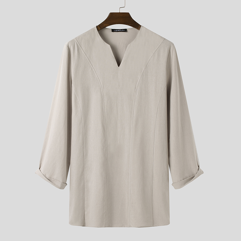 Hombres Manga Larga Cuello en V Algodón Lino Kurta Camiseta Túnica Suelta Prendas para el torso Blusa Camiseta EE. UU. - Imagen 14 de 14