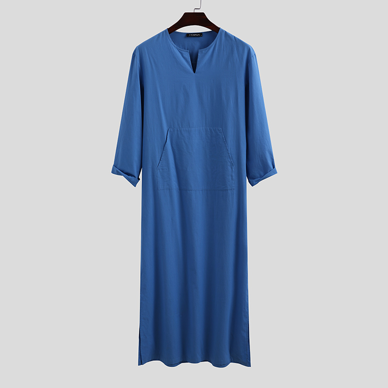 Mens Cotton Linen Muslim Robe V Neck Roll Up Long Sleeve Robe Side Split Cotton Long Gown Thobe