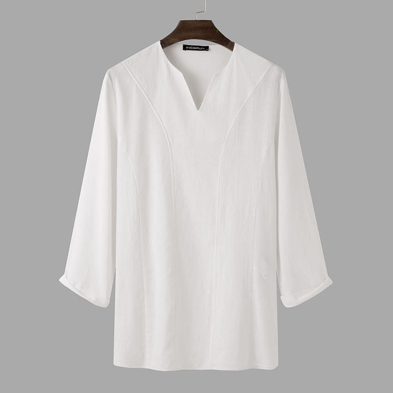 Hombres Manga Larga Cuello en V Algodón Lino Kurta Camiseta Túnica Suelta Prendas para el torso Blusa Camiseta EE. UU. - Imagen 13 de 14