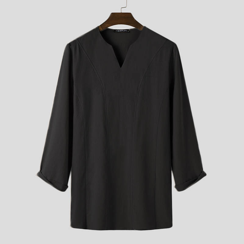 Hombres Manga Larga Cuello en V Algodón Lino Kurta Camiseta Túnica Suelta Prendas para el torso Blusa Camiseta EE. UU. - Imagen 12 de 14