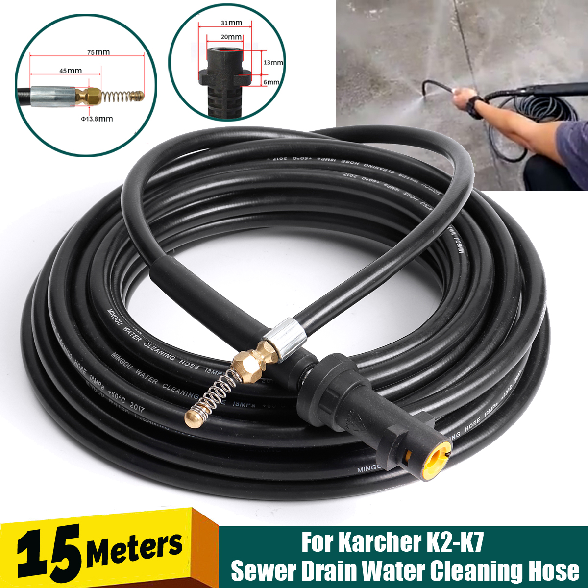 15M Drain Sewer Pipe Cleaning High Pressure Washer Hose Nozzle For