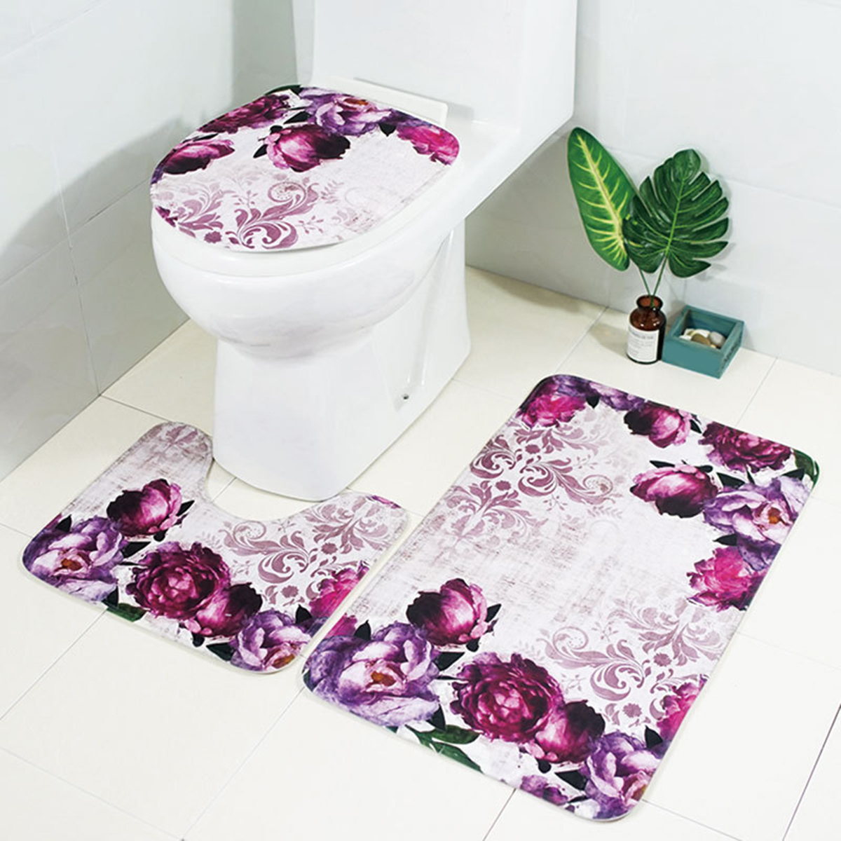 3Pcs//Set Bathroom Set Non-Slip Pedestal Rug Lid Toilet Cover+Bath Mat Shower Sof