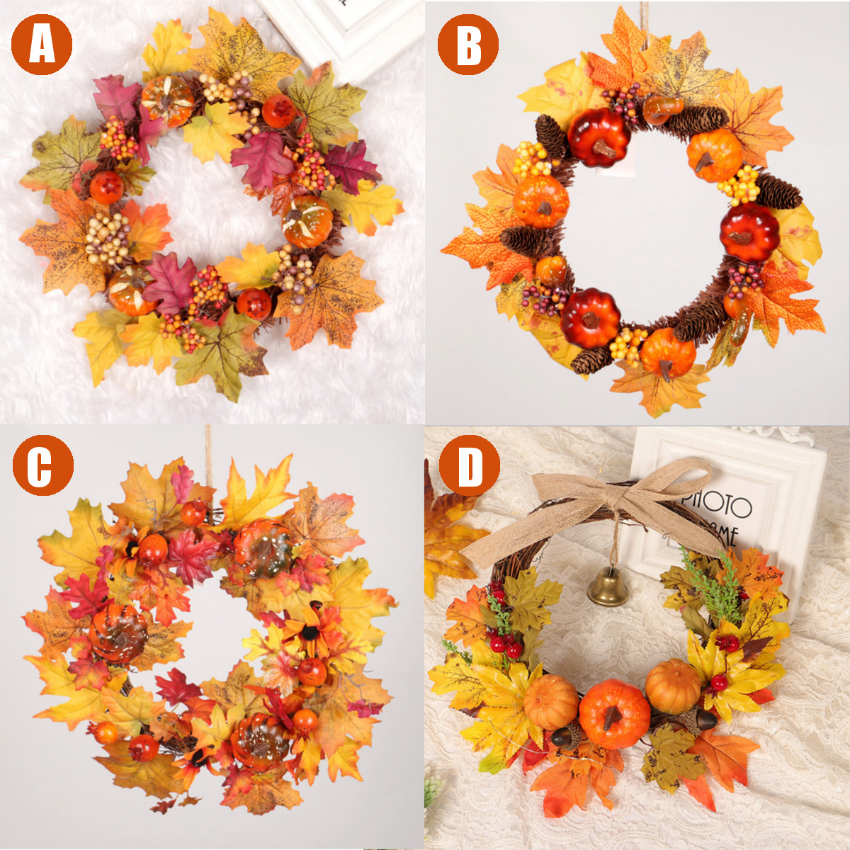 Halloween Thanksgiving Fall Pumpkin Flower Maple Leaves Wreath