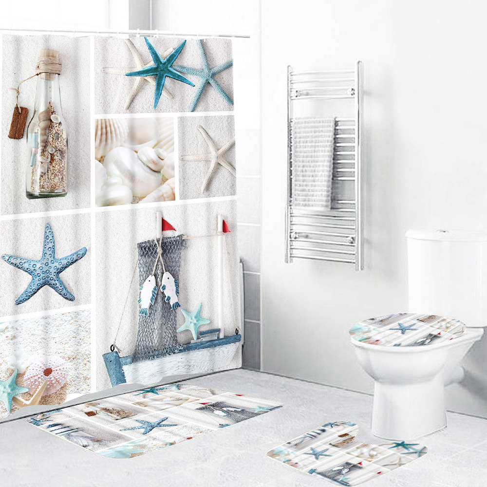 Seashell Bathroom Polyester Shower Curtain Non Slip Toilet Cover