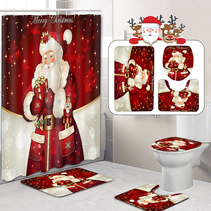 US Christmas Santa Claus Shower Curtain Pedestal Rug Lid Toilet Cover Bath Mat