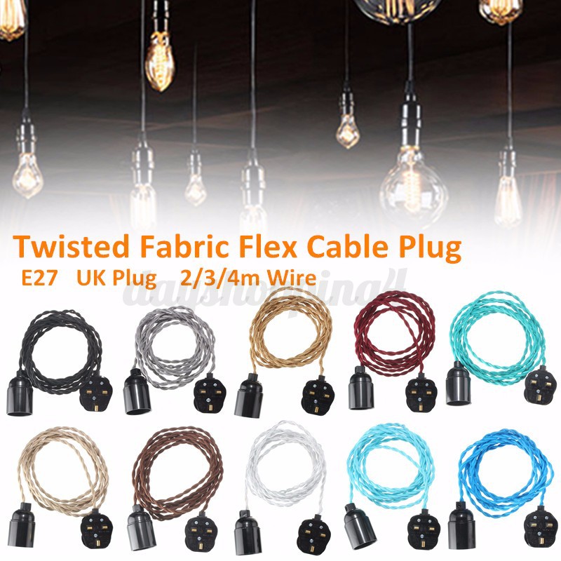 E27 Es Twisted Fabric Flex Cable Uk Plug In Pendant Lamp Ceiling Image Is Loading E27 Es Twisted Fabric Flex Cable Uk Plug