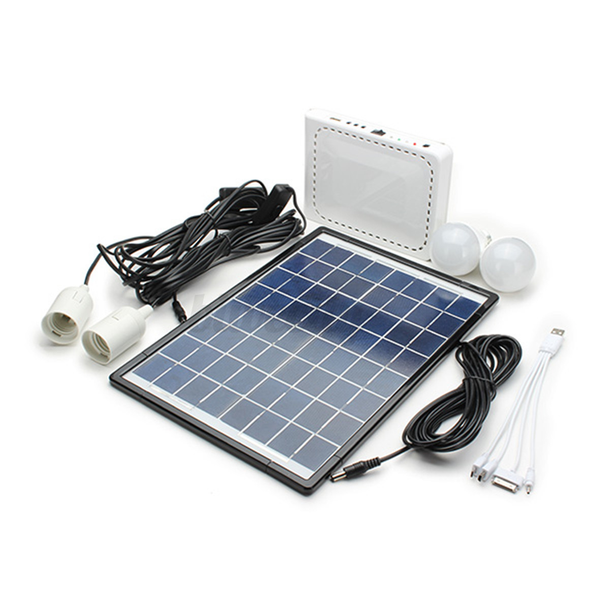 10W Solar Panel Power Generator LED Lighting System Kit USB Charger 2 LED Bulbs eBay