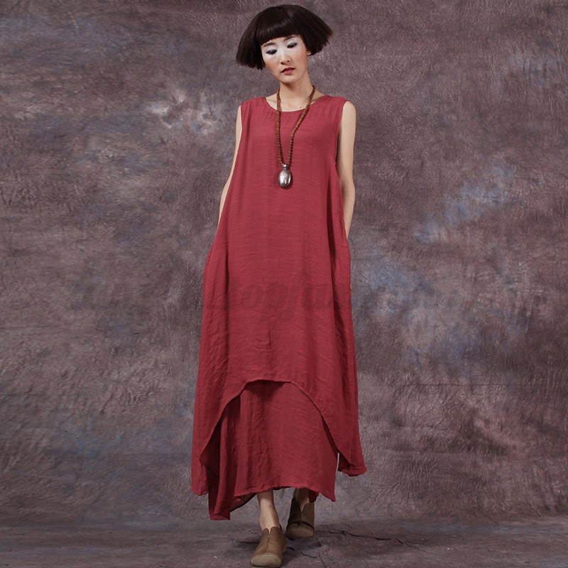 ZANZEA Women Sleeveless Kaftan Loose Casual Retro Linen Long Tops Maxi ...