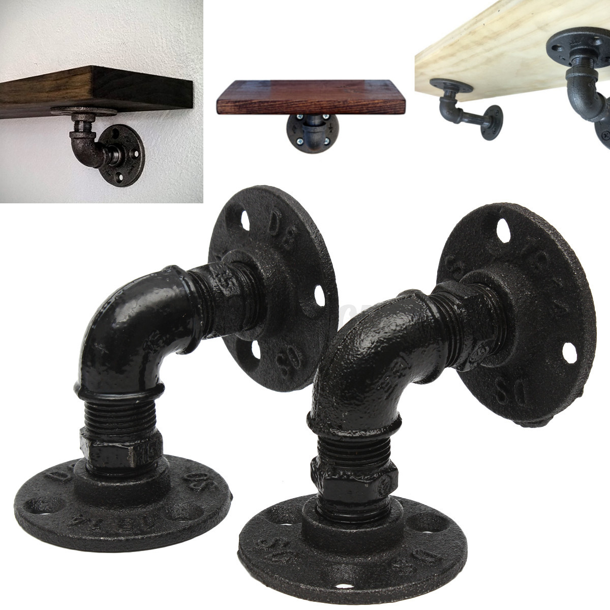 2X 7 Sizes Iron Steampunk Industrial Steel Pipe Shelf Brackets Holder DIY Decor