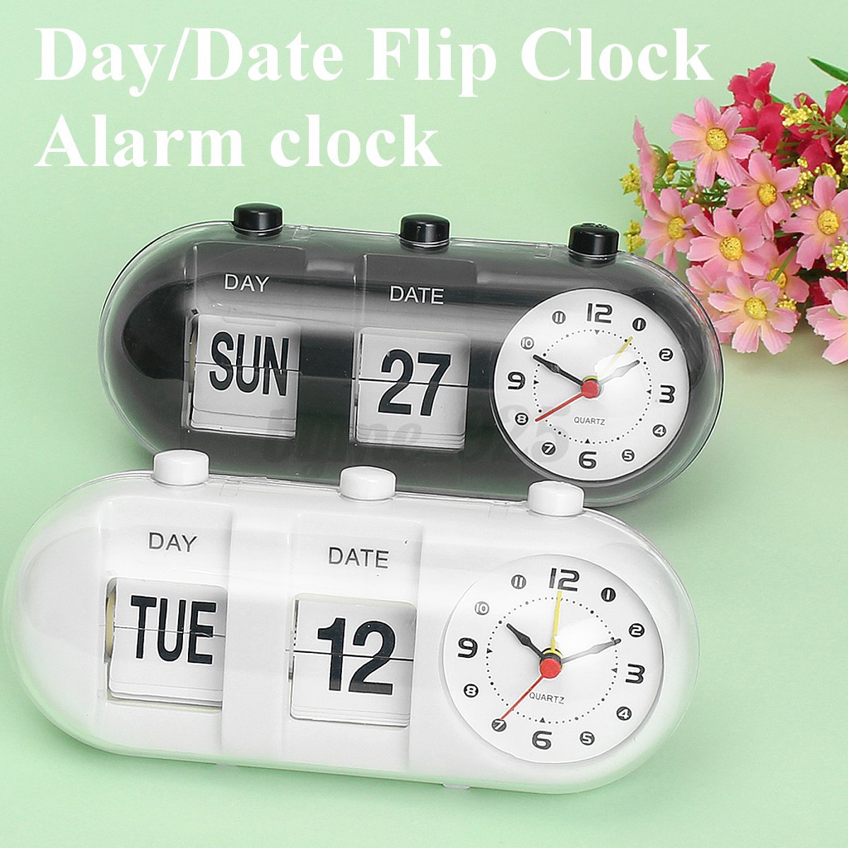 Black White Vintage Flip Digital Quartz Desk Alarm Clock Day Date Time Display