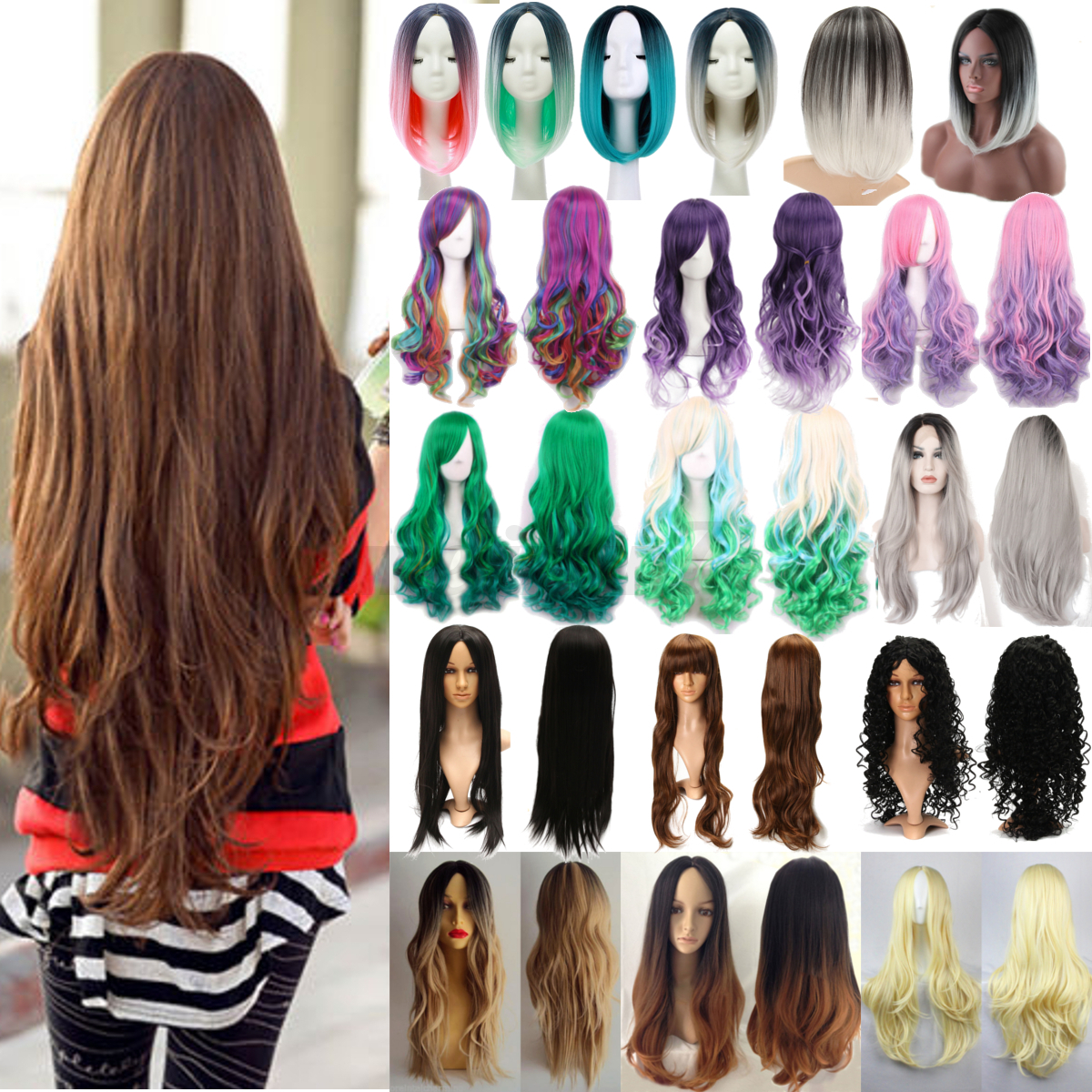 Full Women Lady Curly Wavy Straight Hair Heat Resistant Cosplay